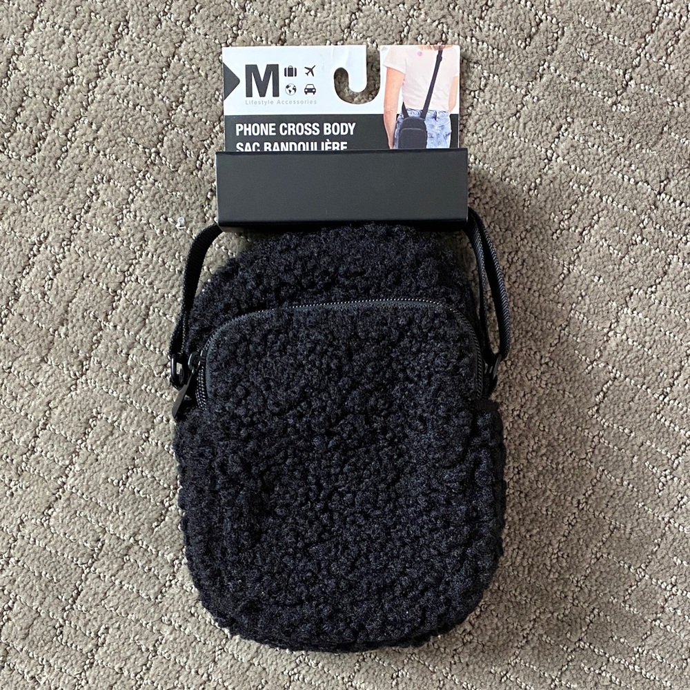 Black Sherpa Crossbody Phone Bag